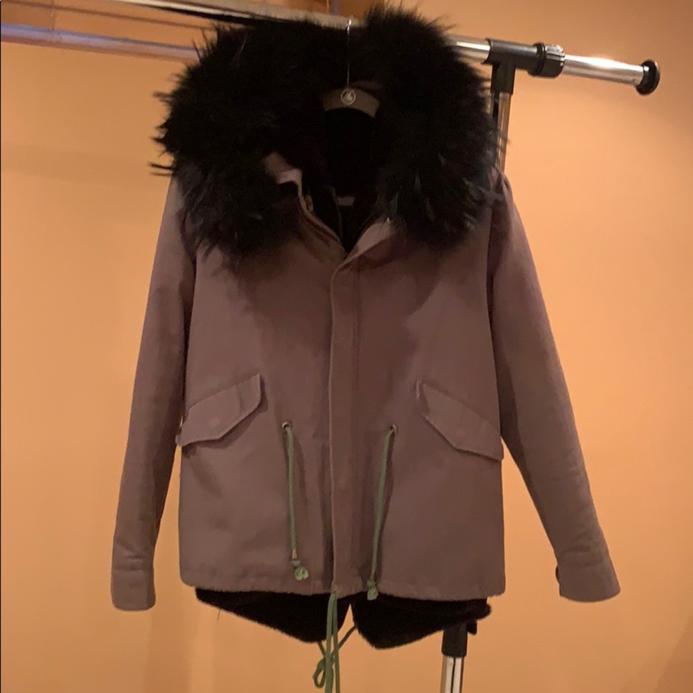Army green black fox fur hooded jacket !